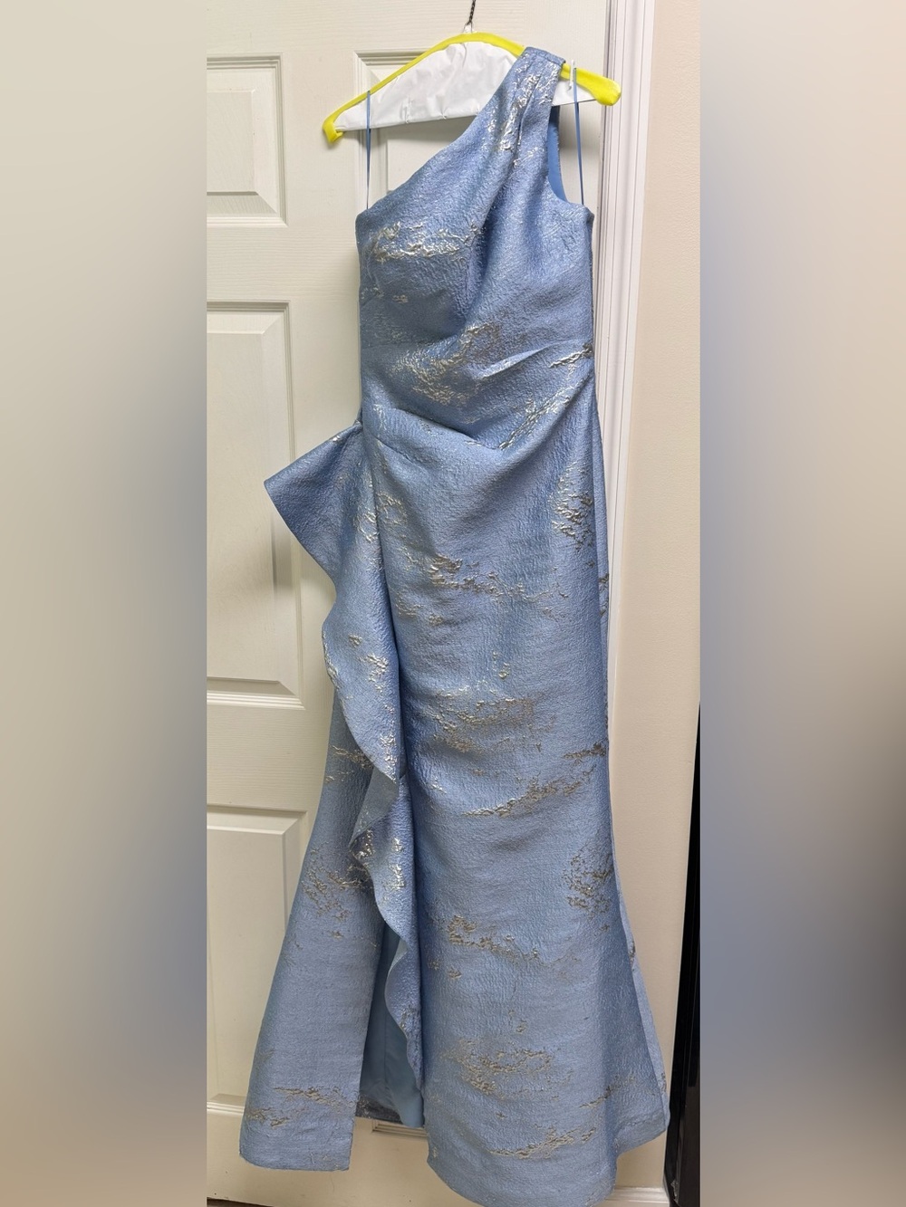 Teri Jon Light Blue High-Low Skirt with Metallic Gold Accents